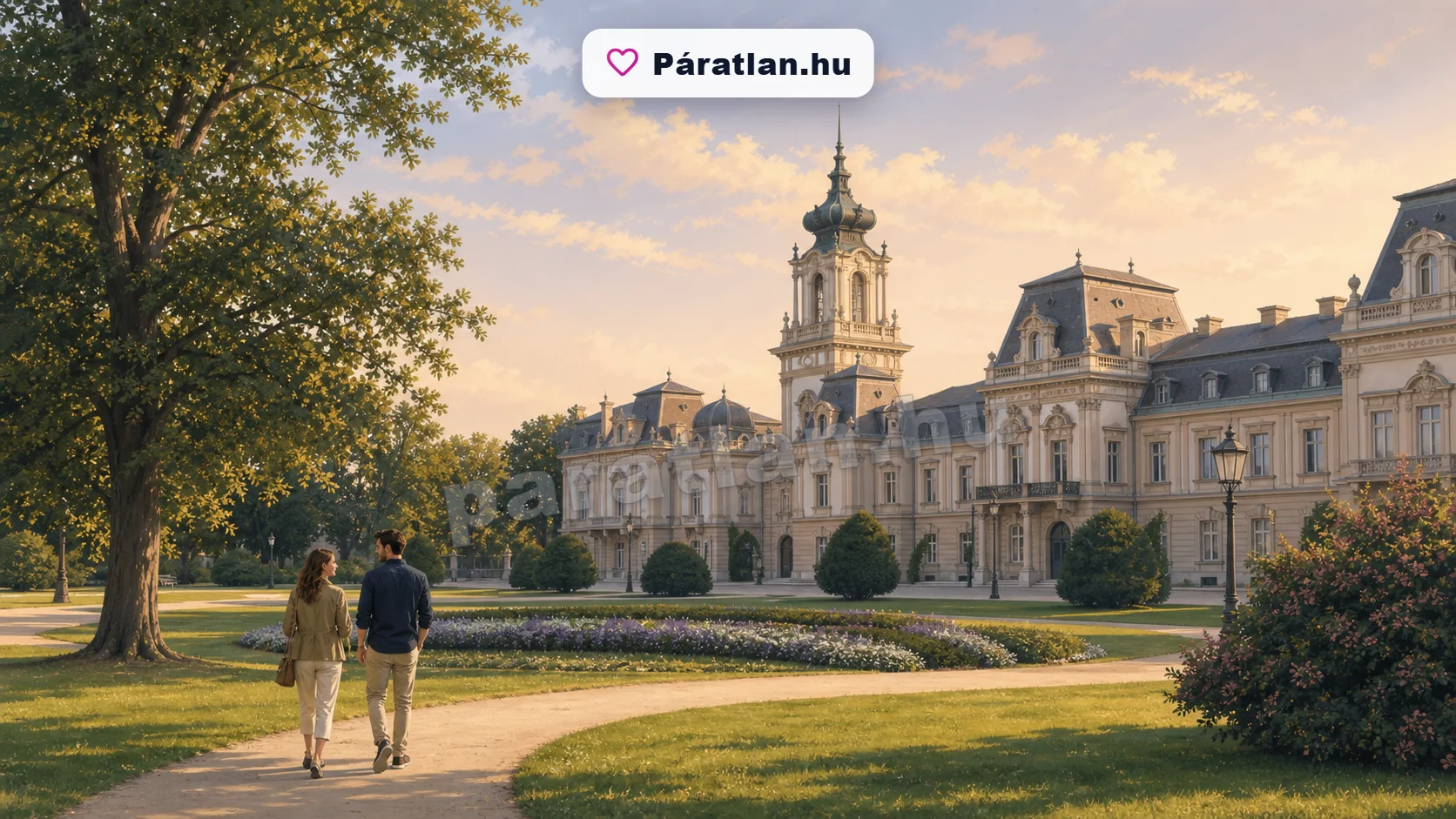 Keszthely városi hangulat egy sétáló párral