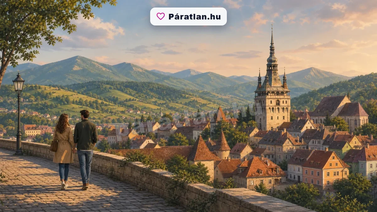 Erdélyi hegyvidéki táj történelmi várossal és egy sétáló párral