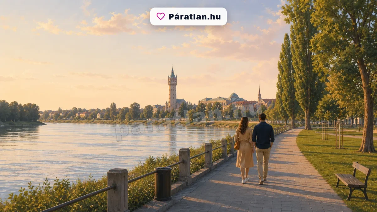 Vajdasági folyópart alföldi városi panorámával és egy sétáló párral