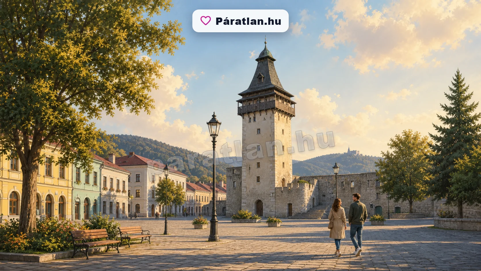 Rozsnyó városi hangulat egy sétáló párral
