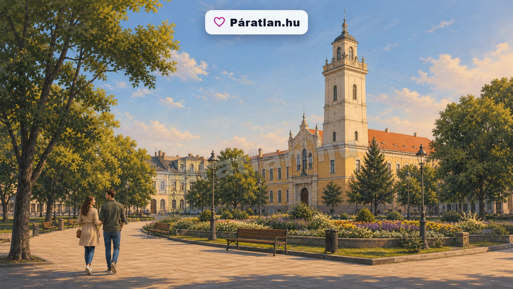 Szatmárnémeti városi hangulat egy sétáló párral