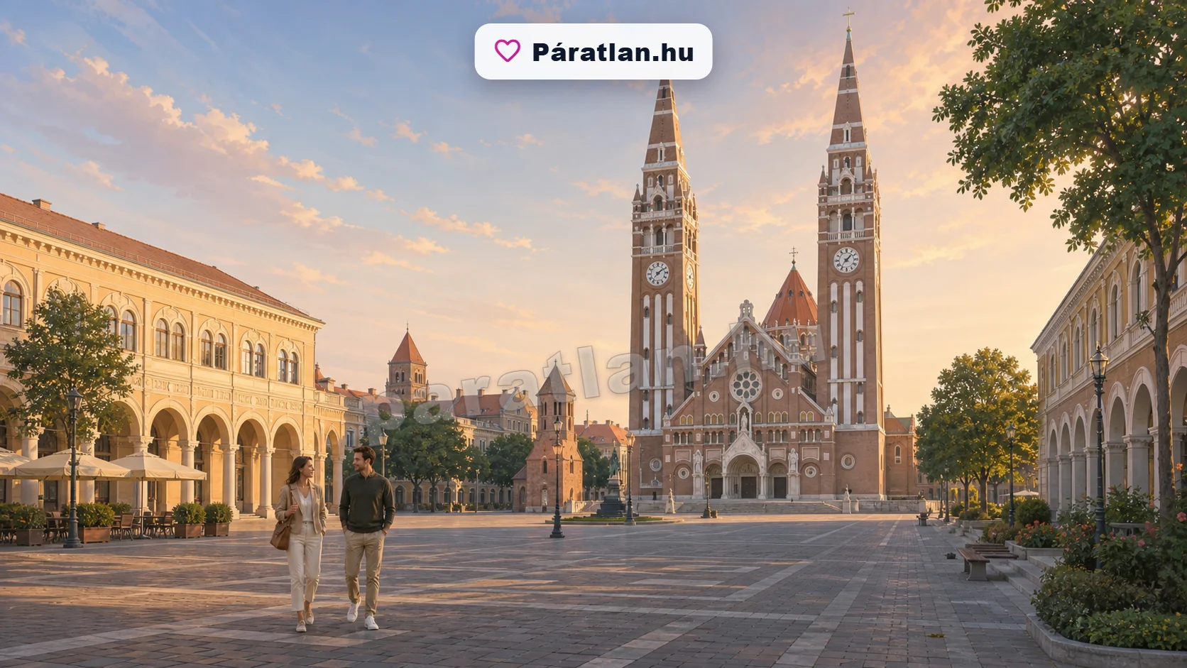 Szeged városi hangulat egy sétáló párral