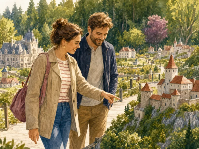 Pár erdélyi épületmaketteket néz a Mini Erdély Parkban