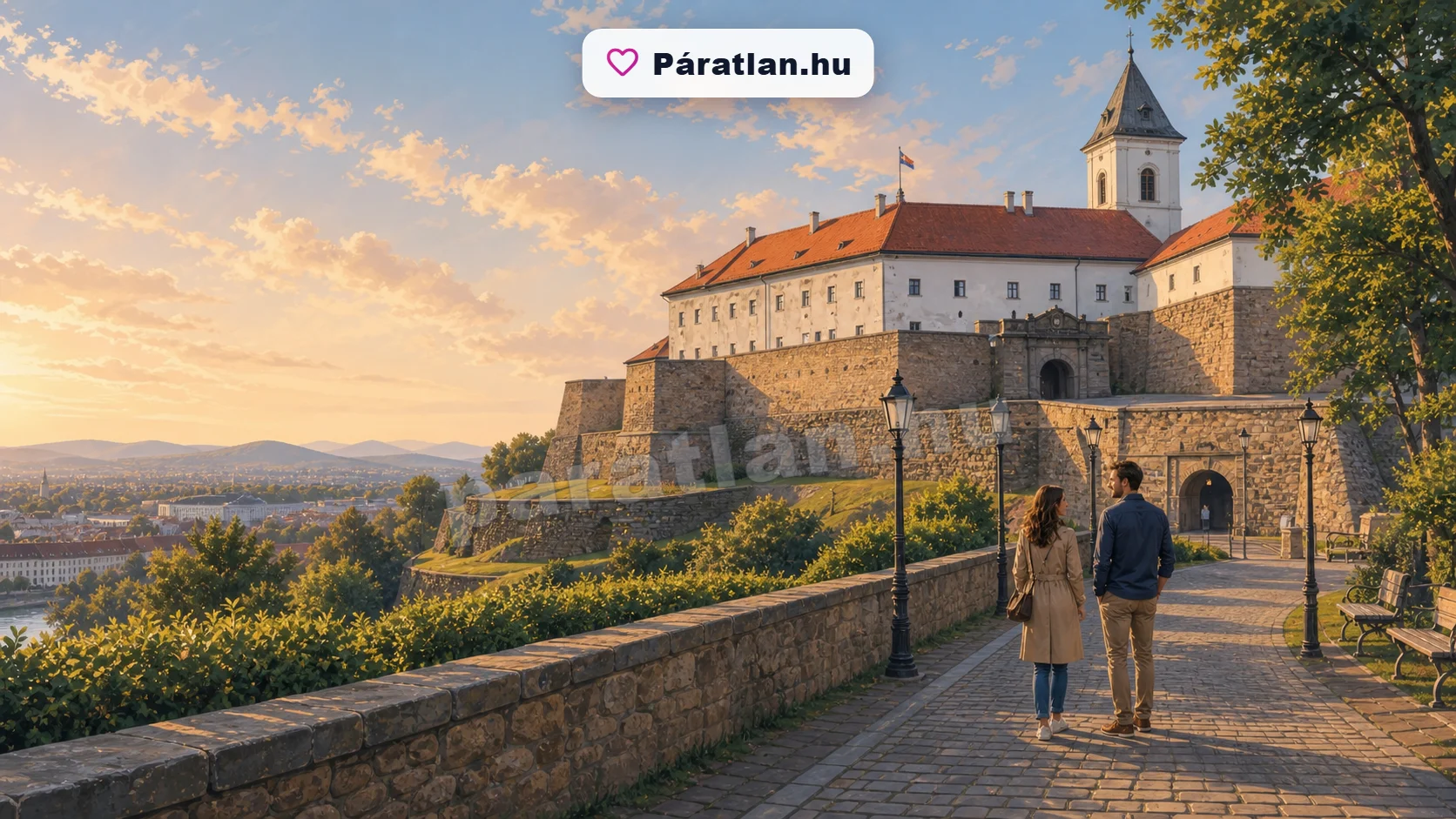Ungvár városi hangulat egy sétáló párral